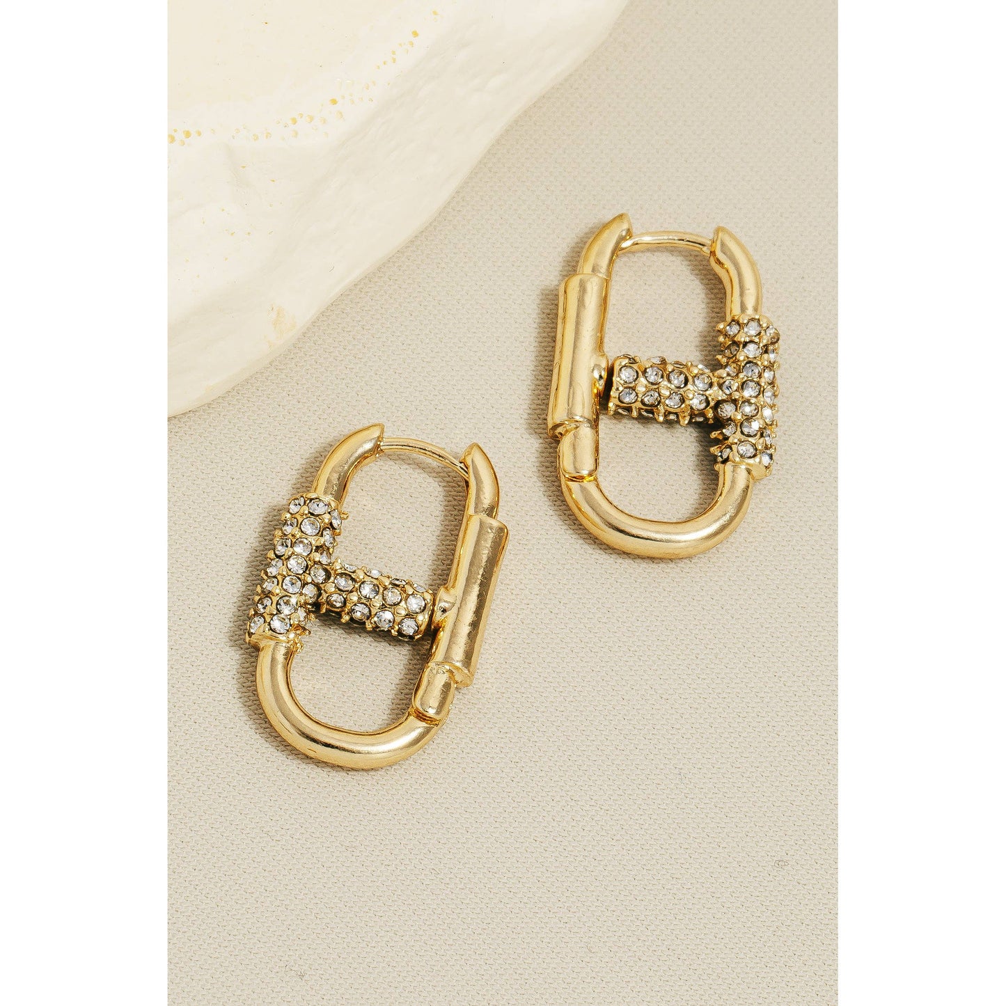 Pave Metallic Carabiner Hoop Drop Earrings